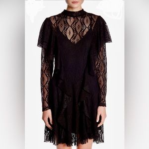 Free People Black Rock Candy Lace Ruffle long sleeve Mock neck Dress Size XS